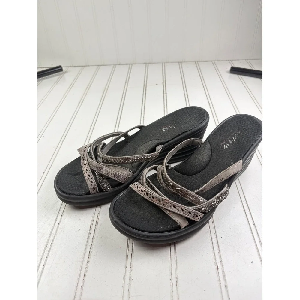 Skechers Rumblers Metallic Strappy Rhinestone Wedge Sandals Women's Size 9